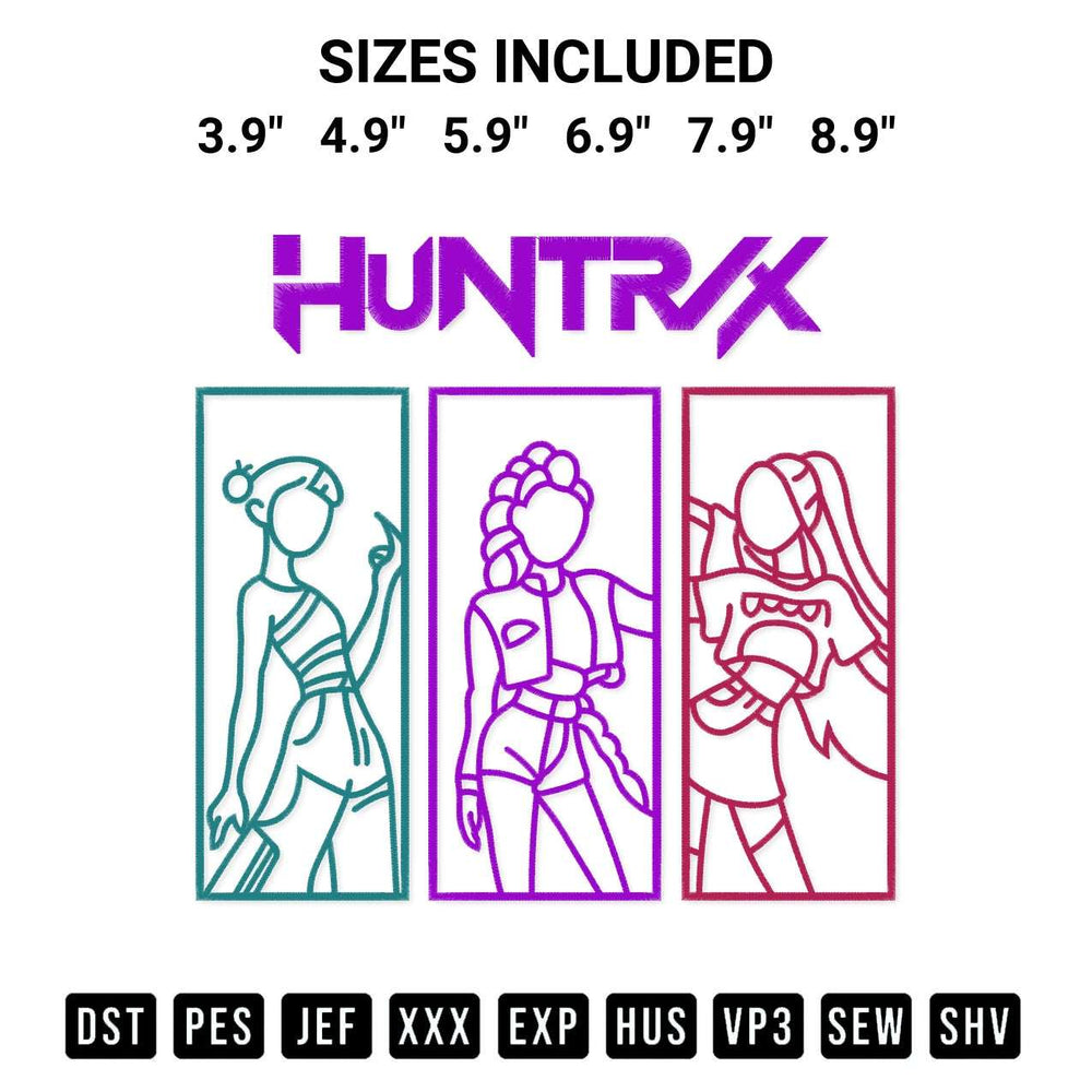 Transform your fabrics with the Huntrix Girls Kpop Embroidery Design embroidery design. Instant access to premium digitized patterns at Designspacks.com. Available sizes: 3.9", 4.9", 5.9", 6.9", 7.9", 8.9".
