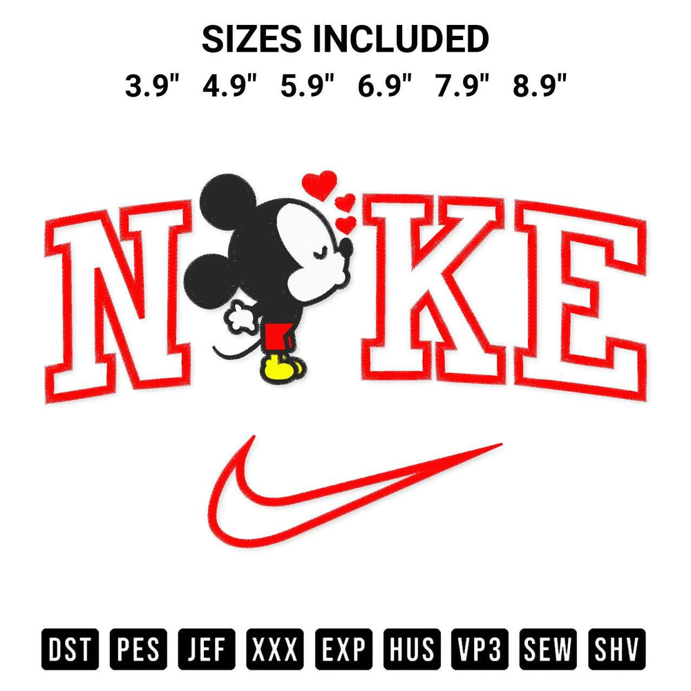 Discover the perfect addition to your crafting collection: Mini Mickey Valentine X Nike Embroidery Design embroidery file. Instantly available at Designspacks.com. Available sizes: 3.9", 4.9", 5.9", 6.9", 7.9", 8.9".