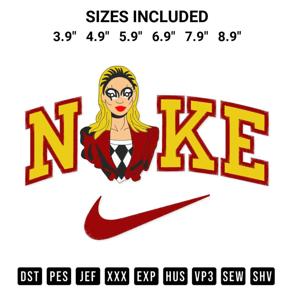 Discover the perfect addition to your crafting collection: Harley Quinn X Nike Embroidery Design embroidery file. Instantly available at Designspacks.com. Available sizes: 3.9", 4.9", 5.9", 6.9", 7.9", 8.9".