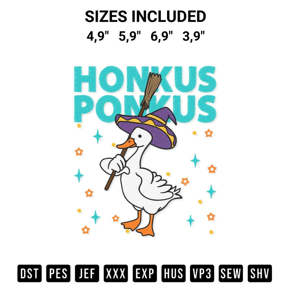Elevate your next project with our Honkus Ponkus Halloween Duck Witch Hocus Duck Goose Funny Logo Embroidery Design embroidery file. Shop high-quality digital patterns instantly at Designspacks.com. Available sizes: 4,9", 5,9", 6,9", 3,9".