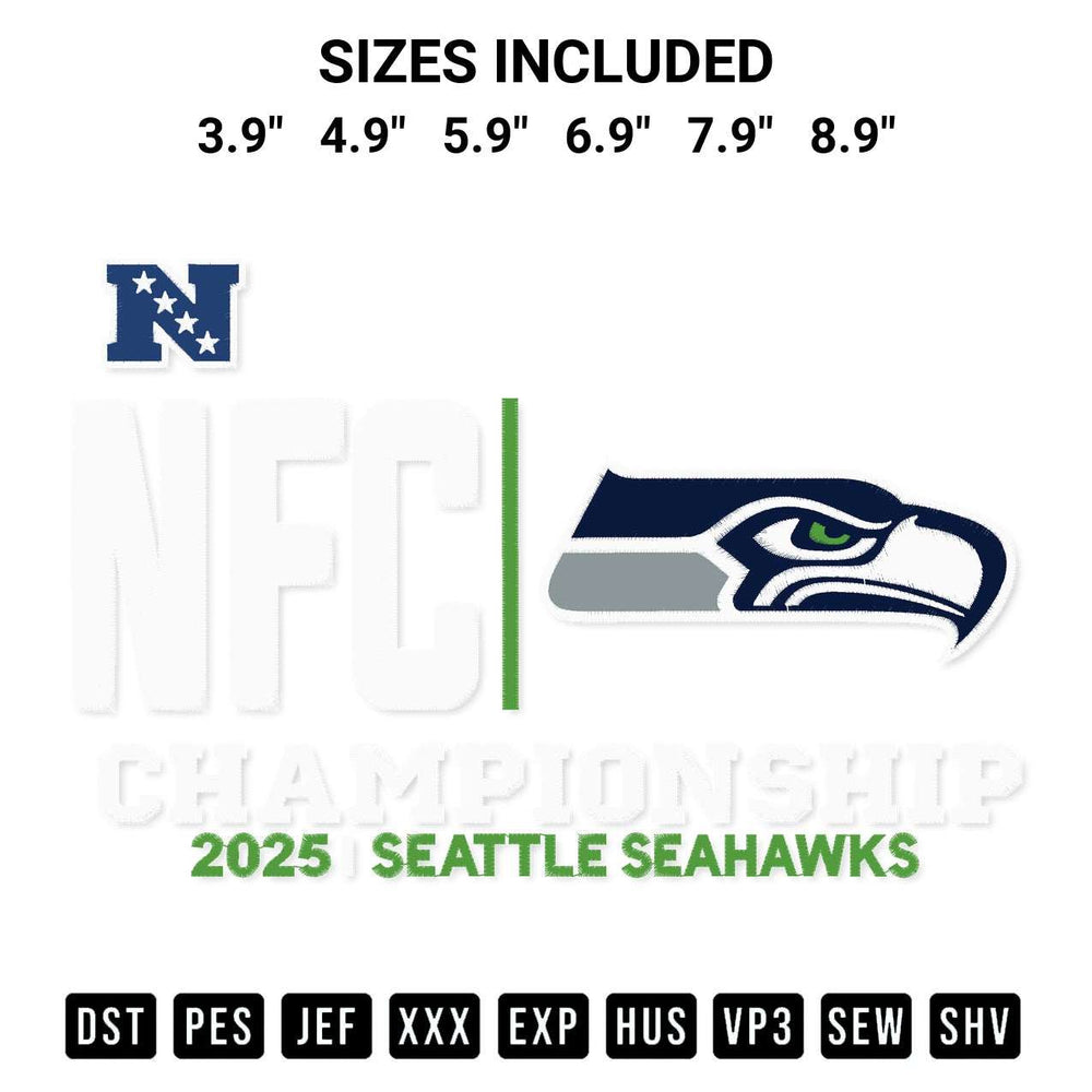 Elevate your next project with our Seattle Seahawks 2025 Nfc Championship Embroidery Design embroidery file. Shop high-quality digital patterns instantly at Designspacks.com. Available sizes: 3.9", 4.9", 5.9", 6.9", 7.9", 8.9".