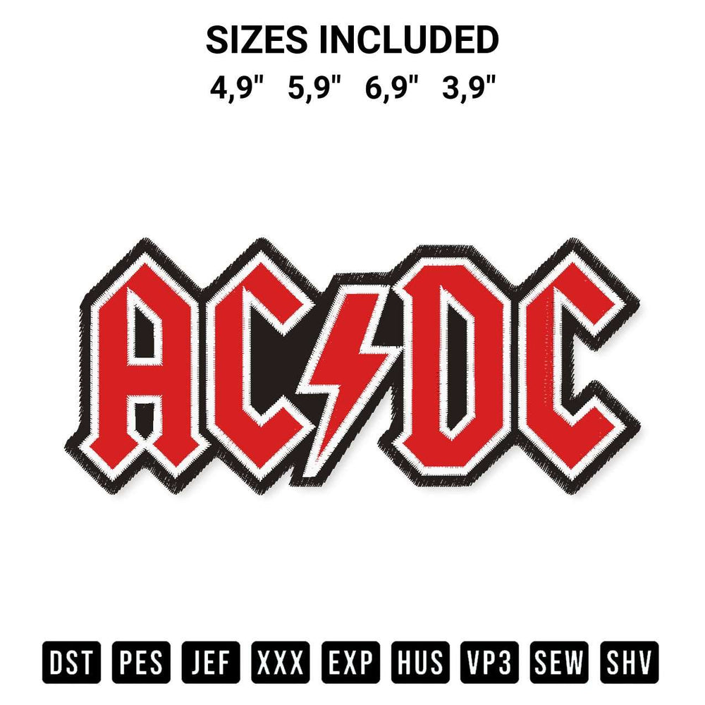 Download the Ac Dc Logo Embroidery Design machine embroidery design exclusively at Designspacks.com. Premium digitized pattern for apparel and DIY crafts. Available sizes: 4,9", 5,9", 6,9", 3,9".