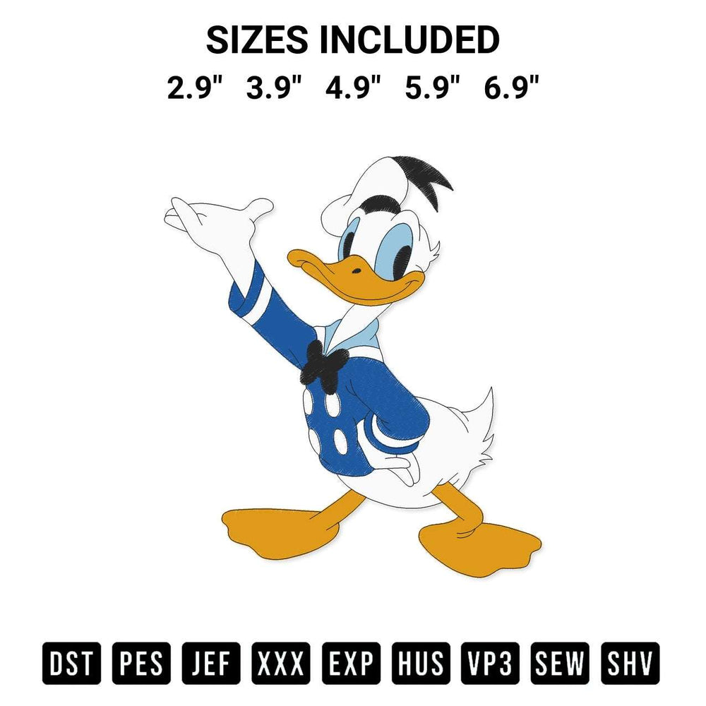 Download the Donald Duck Embroidery Design machine embroidery design exclusively at Designspacks.com. Premium digitized pattern for apparel and DIY crafts. Available sizes: 2.9", 3.9", 4.9", 5.9", 6.9".