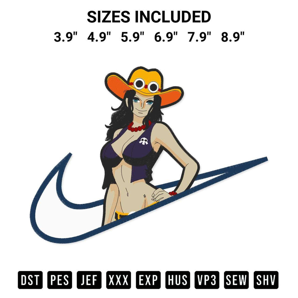 Discover the perfect addition to your crafting collection: Nico Robin Swoosh Embroidery Design embroidery file. Instantly available at Designspacks.com. Available sizes: 3.9", 4.9", 5.9", 6.9", 7.9", 8.9".