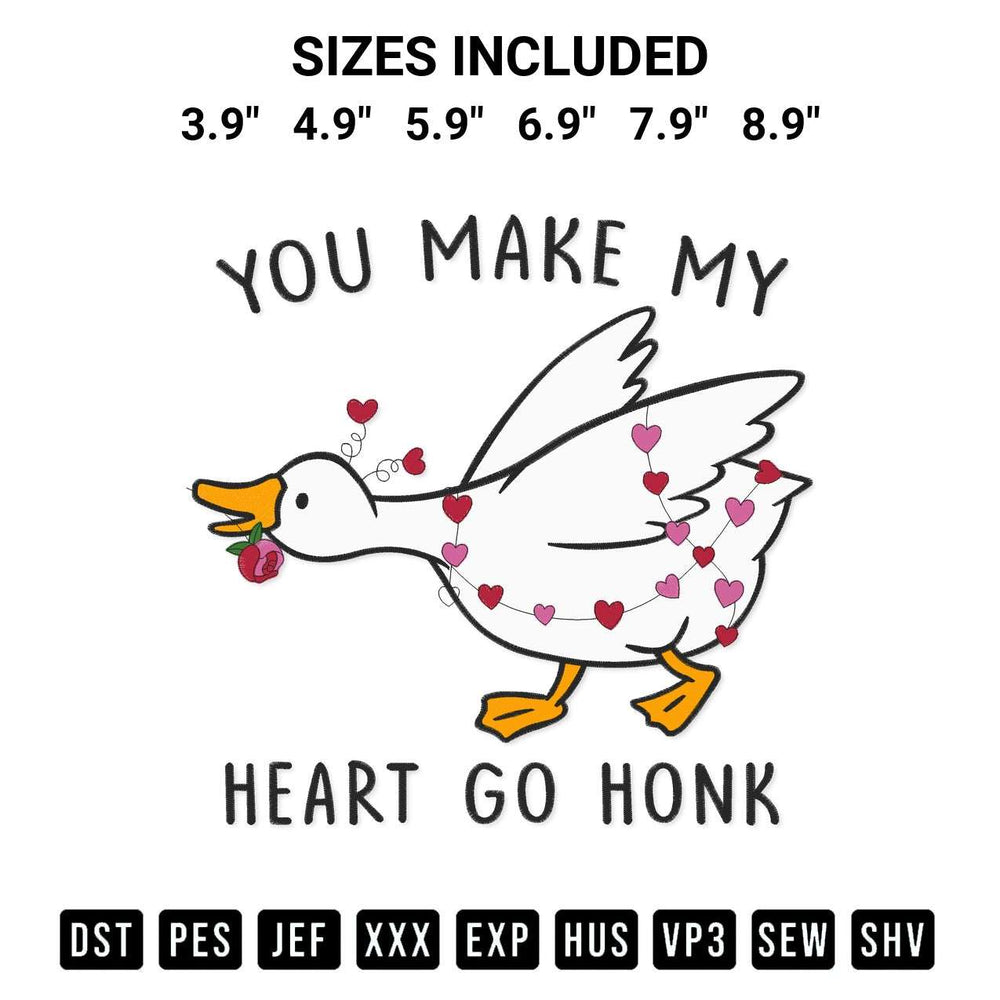 Shop the You Make My Heart Go Honk Embroidery Design machine embroidery pattern at Designspacks.com. Beautifully digitized for flawless stitching on any fabric. Available sizes: 3.9", 4.9", 5.9", 6.9", 7.9", 8.9".