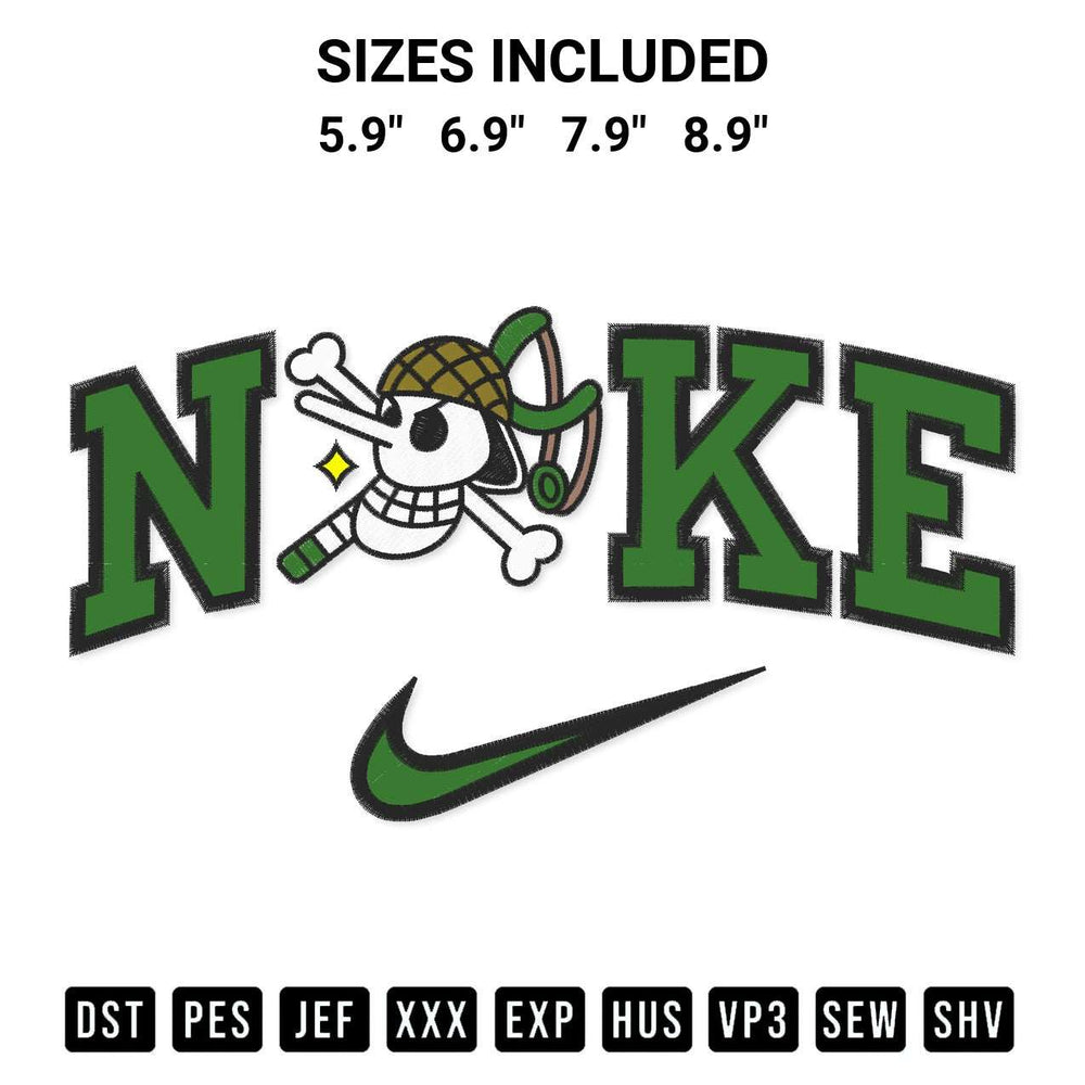 Download the Usopp Pirates Logo X Nike Embroidery Design machine embroidery design exclusively at Designspacks.com. Premium digitized pattern for apparel and DIY crafts. Available sizes: 5.9", 6.9", 7.9", 8.9".