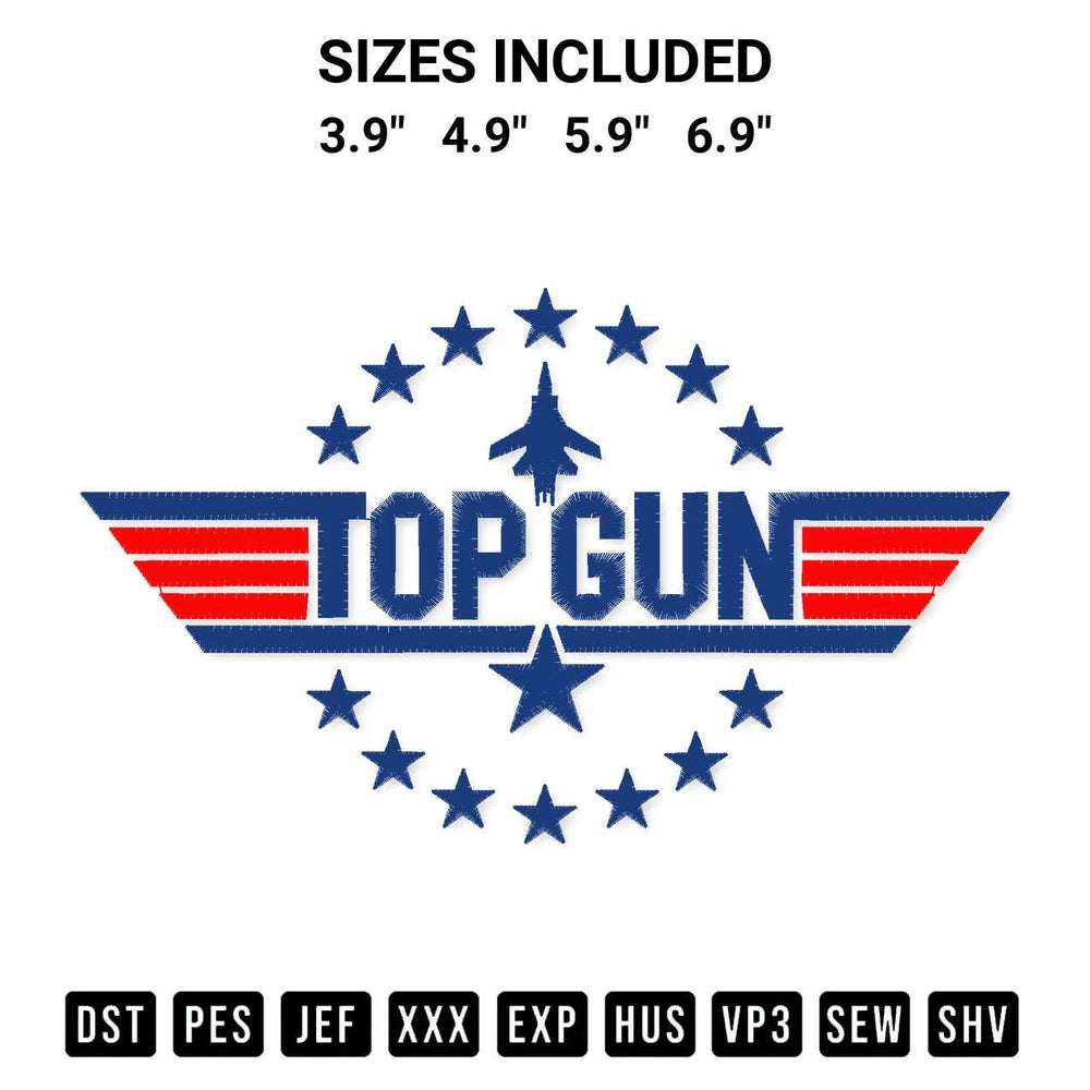 Discover the perfect addition to your crafting collection: Top Gun Embroidery Design embroidery file. Instantly available at Designspacks.com. Available sizes: 3.9", 4.9", 5.9", 6.9".