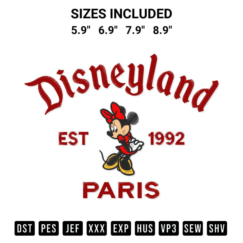Discover the perfect addition to your crafting collection: Minnie Mouse Disneyland Paris 1922 Embroidery Design embroidery file. Instantly available at Designspacks.com. Available sizes: 5.9", 6.9", 7.9", 8.9".