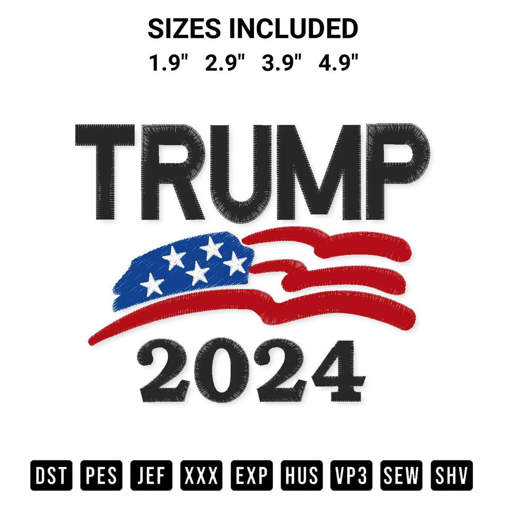Stitch like a pro with the Trump 2024 Embroidery Design embroidery pattern from Designspacks.com. High-quality digital machine embroidery file. Available sizes: 1.9", 2.9", 3.9", 4.9".