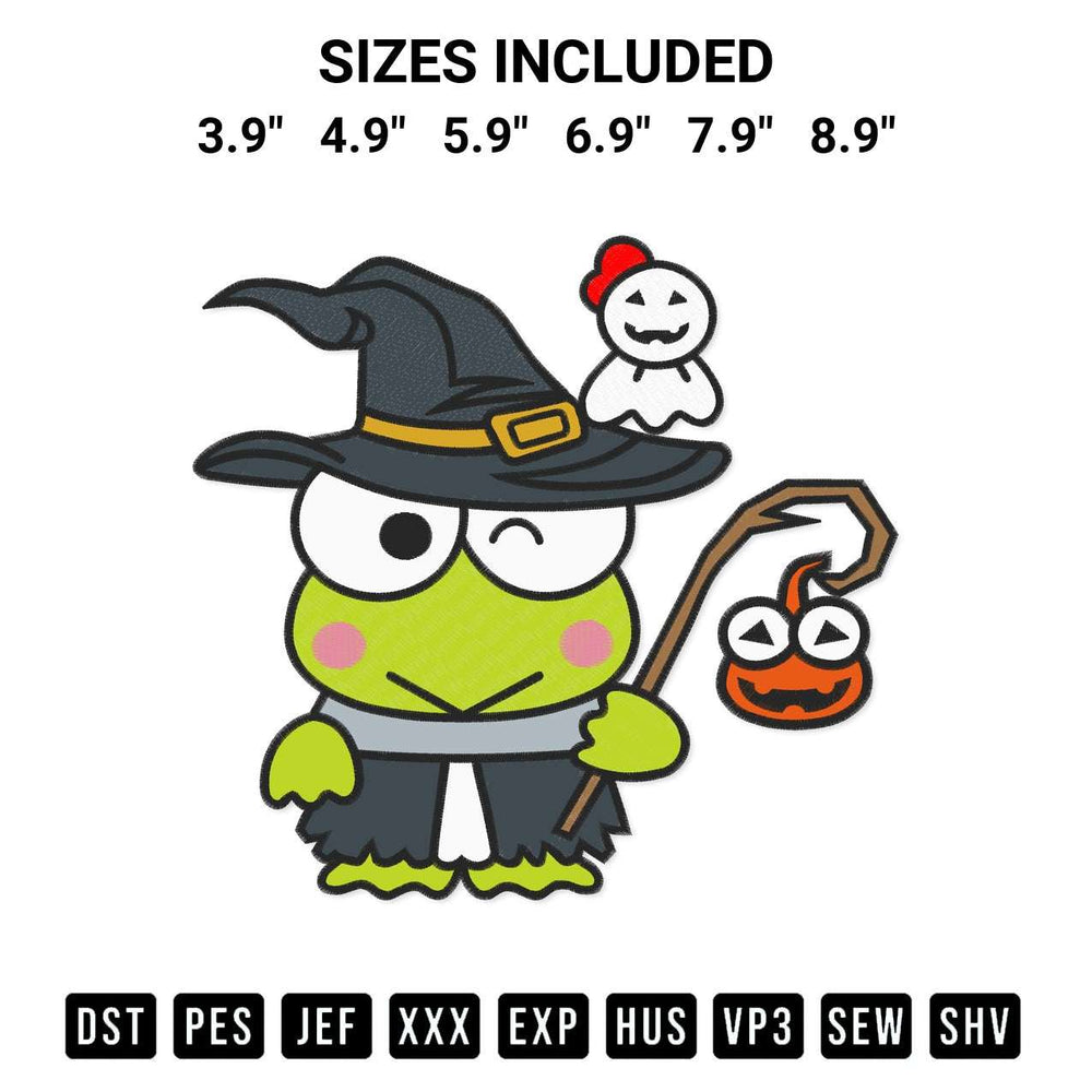 Stitch like a pro with the Keroppi Witch Halloween Embroidery Design embroidery pattern from Designspacks.com. High-quality digital machine embroidery file. Available sizes: 3.9", 4.9", 5.9", 6.9", 7.9", 8.9".