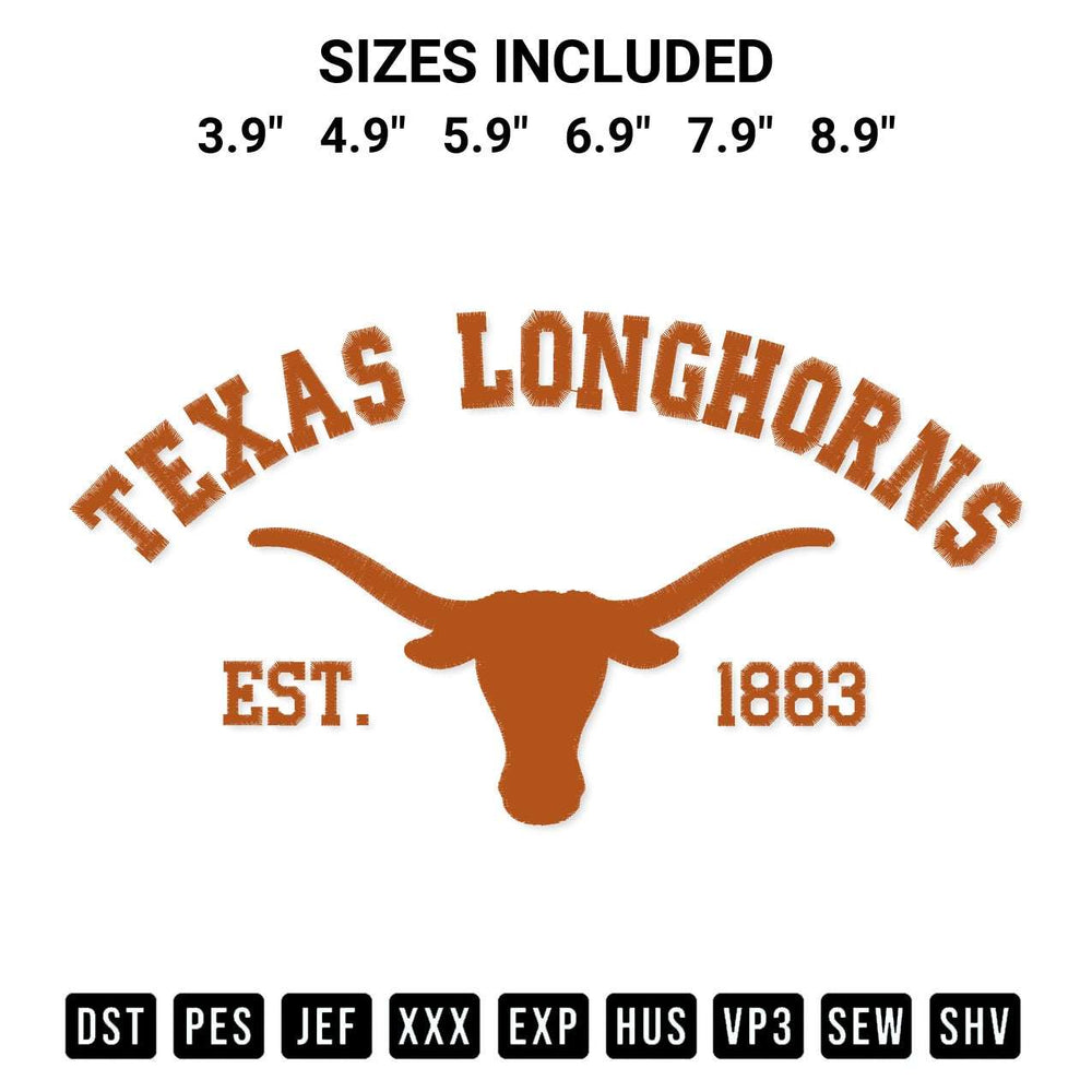 Elevate your next project with our Texas Longhorns Est 1883 Embroidery Design embroidery file. Shop high-quality digital patterns instantly at Designspacks.com. Available sizes: 3.9", 4.9", 5.9", 6.9", 7.9", 8.9".