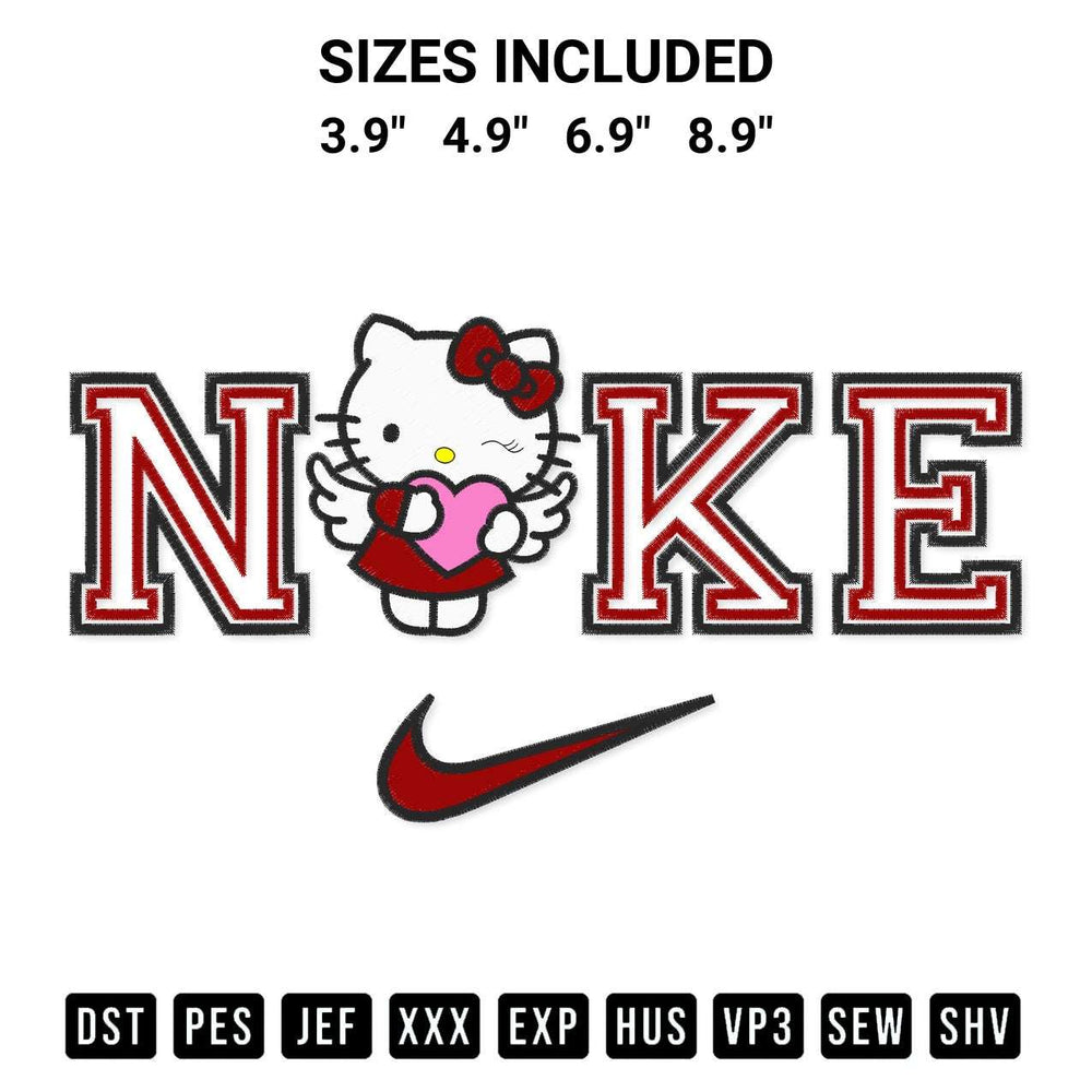 Discover the perfect addition to your crafting collection: Nike Hello Kitty Cupid Embroidery Design embroidery file. Instantly available at Designspacks.com. Available sizes: 3.9", 4.9", 6.9", 8.9".