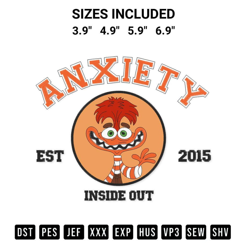 Get the Inside Out Anxiety Est 2015 Embroidery Design embroidery design for your custom crafts! Premium digitized files available for instant download at Designspacks.com. Available sizes: 3.9", 4.9", 5.9", 6.9".