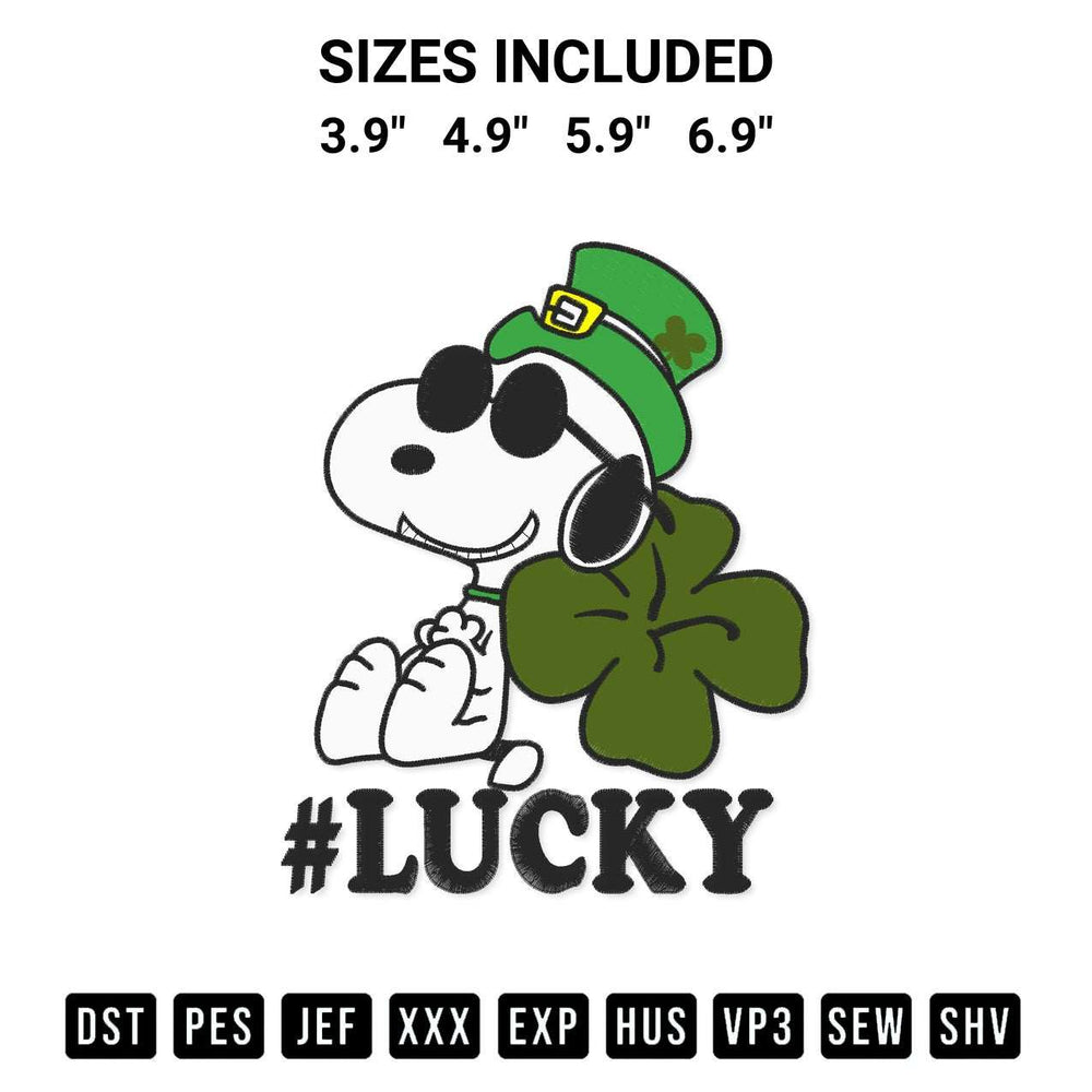 Stitch like a pro with the Cool Snoopy Lucky Embroidery Design embroidery pattern from Designspacks.com. High-quality digital machine embroidery file. Available sizes: 3.9", 4.9", 5.9", 6.9".