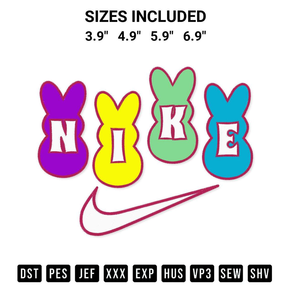 Discover the perfect addition to your crafting collection: Nike Easter Bunny Embroidery Design embroidery file. Instantly available at Designspacks.com. Available sizes: 3.9", 4.9", 5.9", 6.9".