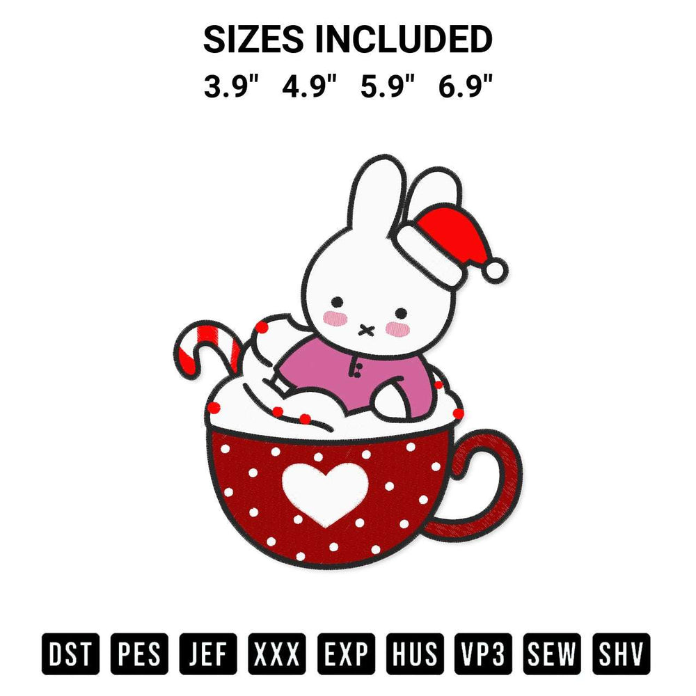 Get the Cute Christmas Bunny In Cocoa Mug Embroidery Design embroidery design for your custom crafts! Premium digitized files available for instant download at Designspacks.com. Available sizes: 3.9", 4.9", 5.9", 6.9".