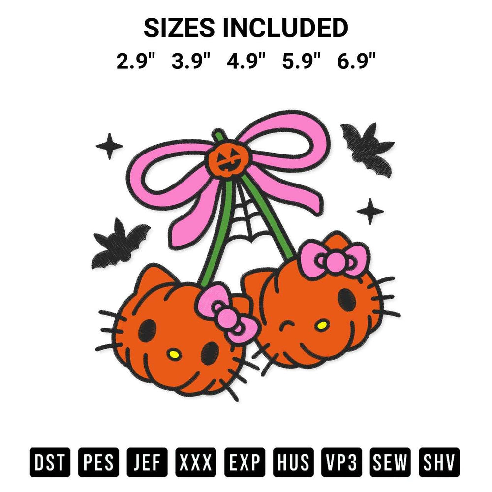 Create amazing crafts with the Pumpkin Cherry Hello Kitty Embroidery Design embroidery file. High-quality digital download from Designspacks.com, perfect for beginners and pros. Available sizes: 2.9", 3.9", 4.9", 5.9", 6.9".