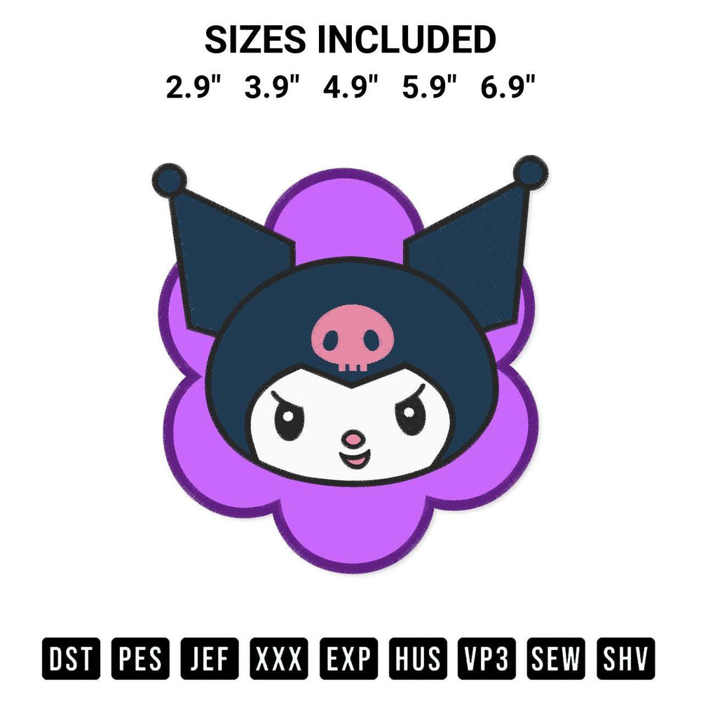 Stitch like a pro with the Flower Kuromi Face Embroidery Design embroidery pattern from Designspacks.com. High-quality digital machine embroidery file. Available sizes: 2.9", 3.9", 4.9", 5.9", 6.9".