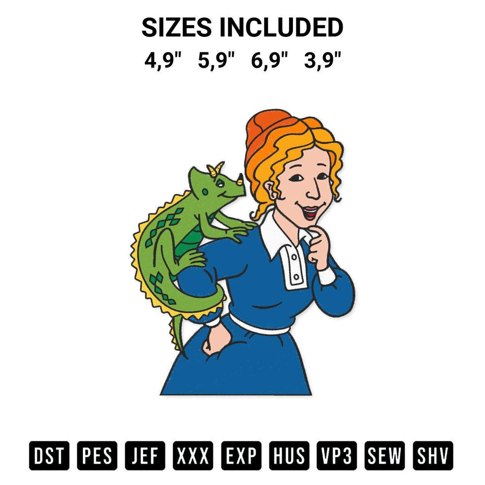 Elevate your next project with our Ms. Valerie Frizzle And Lizard Logo Embroidery Design embroidery file. Shop high-quality digital patterns instantly at Designspacks.com. Available sizes: 4,9", 5,9", 6,9", 3,9".