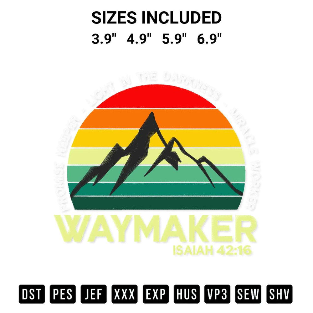 Discover the perfect addition to your crafting collection: Waymaker Promise Keeper Miracle Worker Christian Embroidery Design embroidery file. Instantly available at Designspacks.com. Available sizes: 3.9", 4.9", 5.9", 6.9".