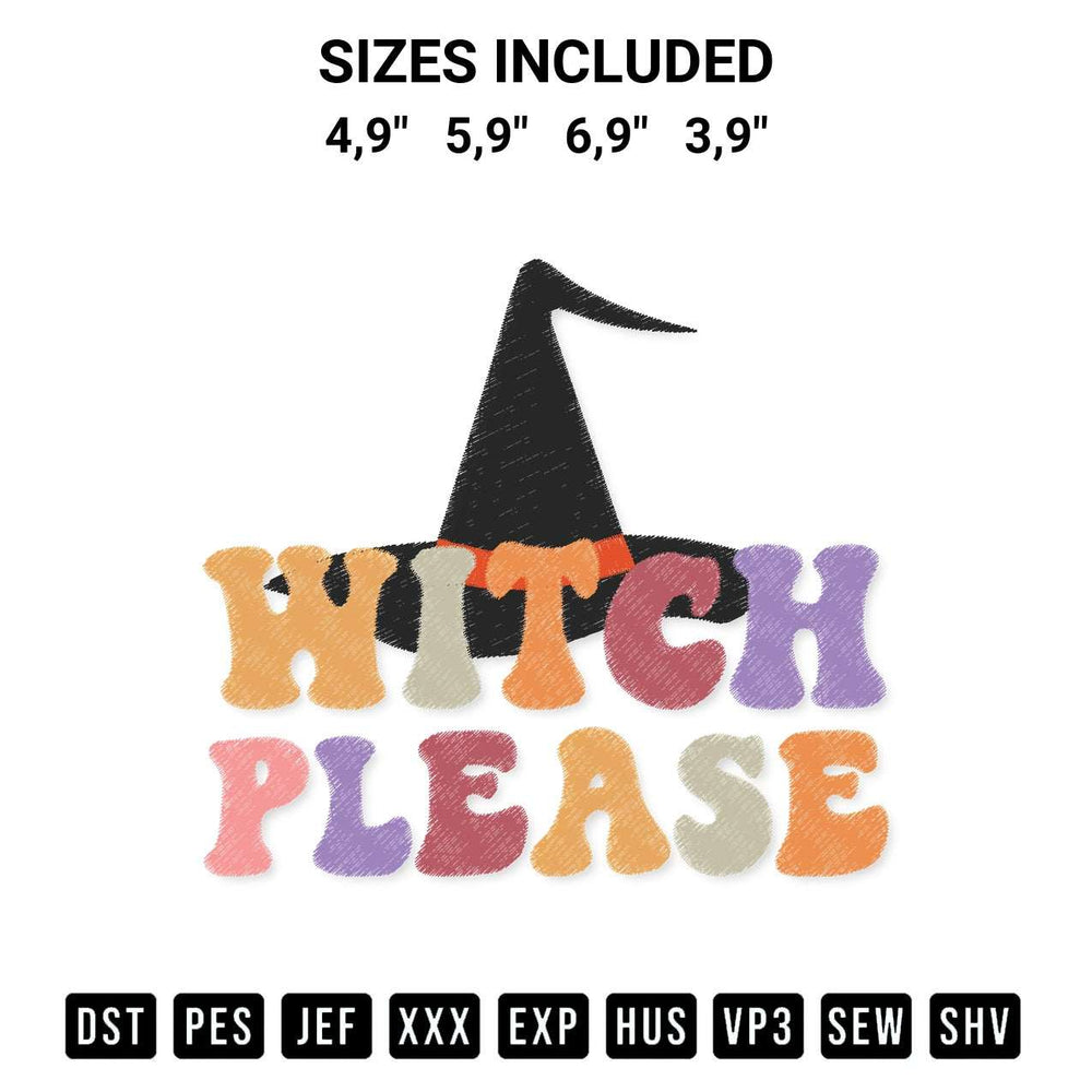 Get the Witch Please Retro Black Witch Hat Classic Halloween Outfit Logo Embroidery Design embroidery design for your custom crafts! Premium digitized files available for instant download at Designspacks.com. Available sizes: 4,9", 5,9", 6,9", 3,9".