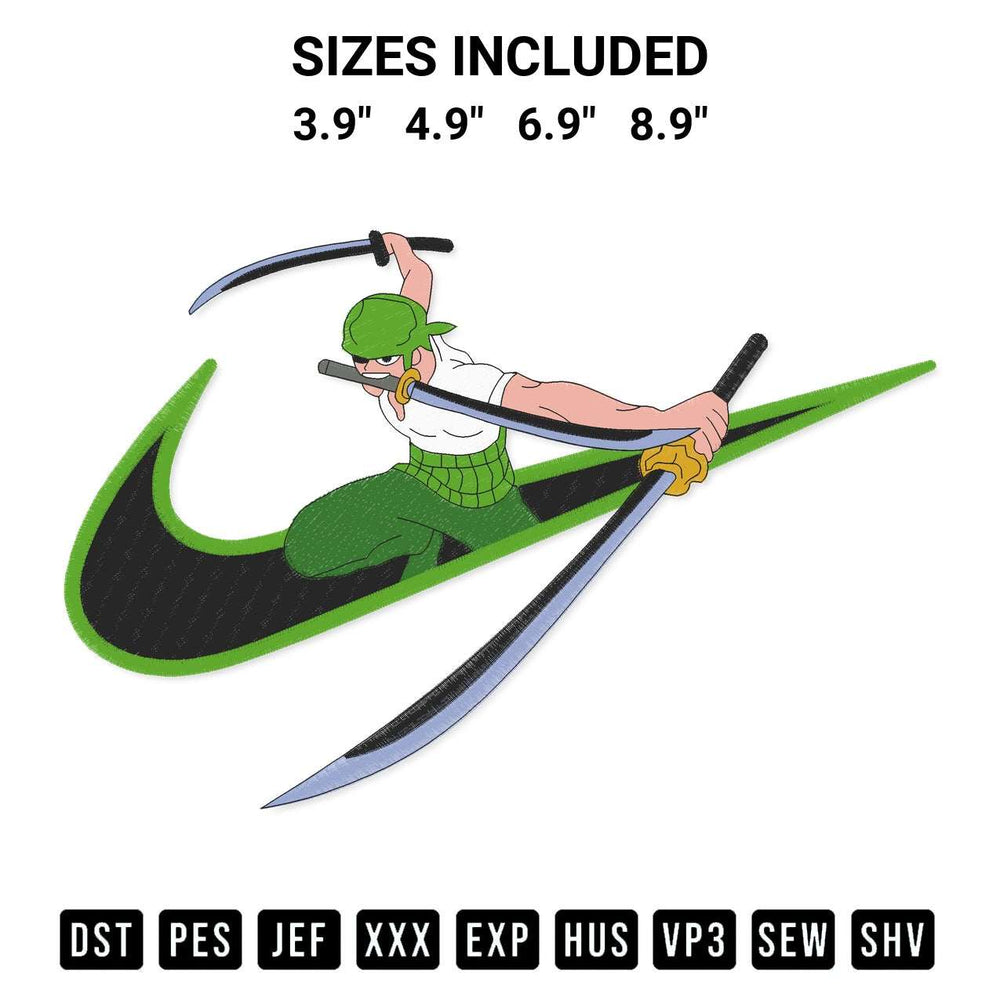 Download the One Piece Zoro Nike Embroidery Design machine embroidery design exclusively at Designspacks.com. Premium digitized pattern for apparel and DIY crafts. Available sizes: 3.9", 4.9", 6.9", 8.9".