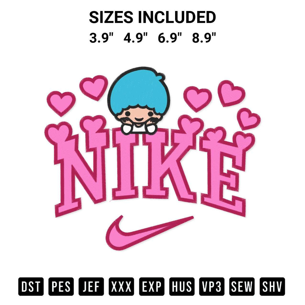Stitch like a pro with the Nike Kiki Sanrio Hearts Embroidery Design embroidery pattern from Designspacks.com. High-quality digital machine embroidery file. Available sizes: 3.9", 4.9", 6.9", 8.9".