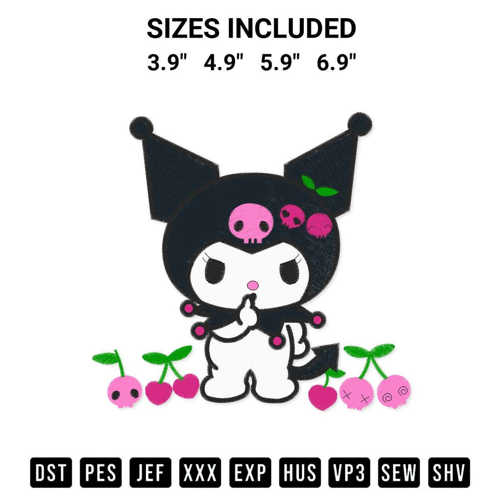 Shop the Sanrio Kuromi Cherry Embroidery Design machine embroidery pattern at Designspacks.com. Beautifully digitized for flawless stitching on any fabric. Available sizes: 3.9", 4.9", 5.9", 6.9".