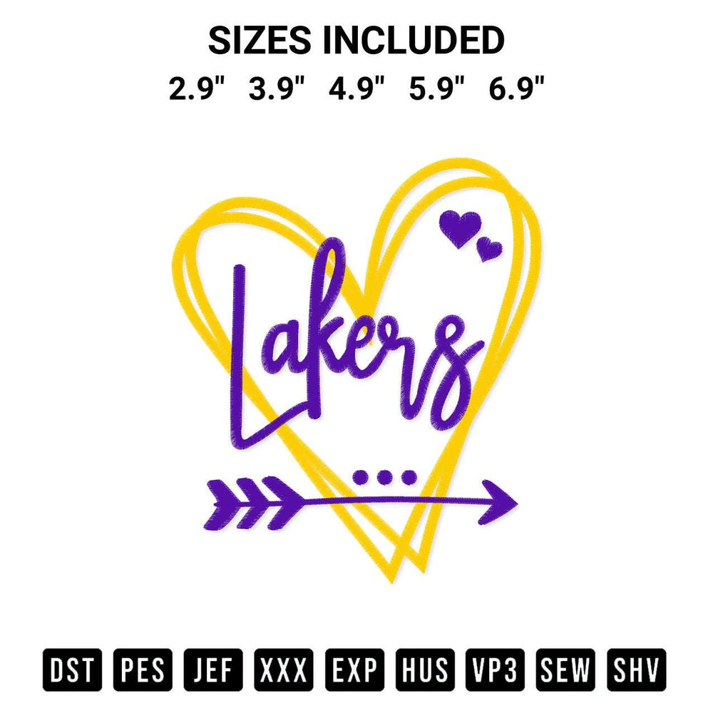 Stitch like a pro with the Los Angeles Lakers Heart Embroidery Design embroidery pattern from Designspacks.com. High-quality digital machine embroidery file. Available sizes: 2.9", 3.9", 4.9", 5.9", 6.9".