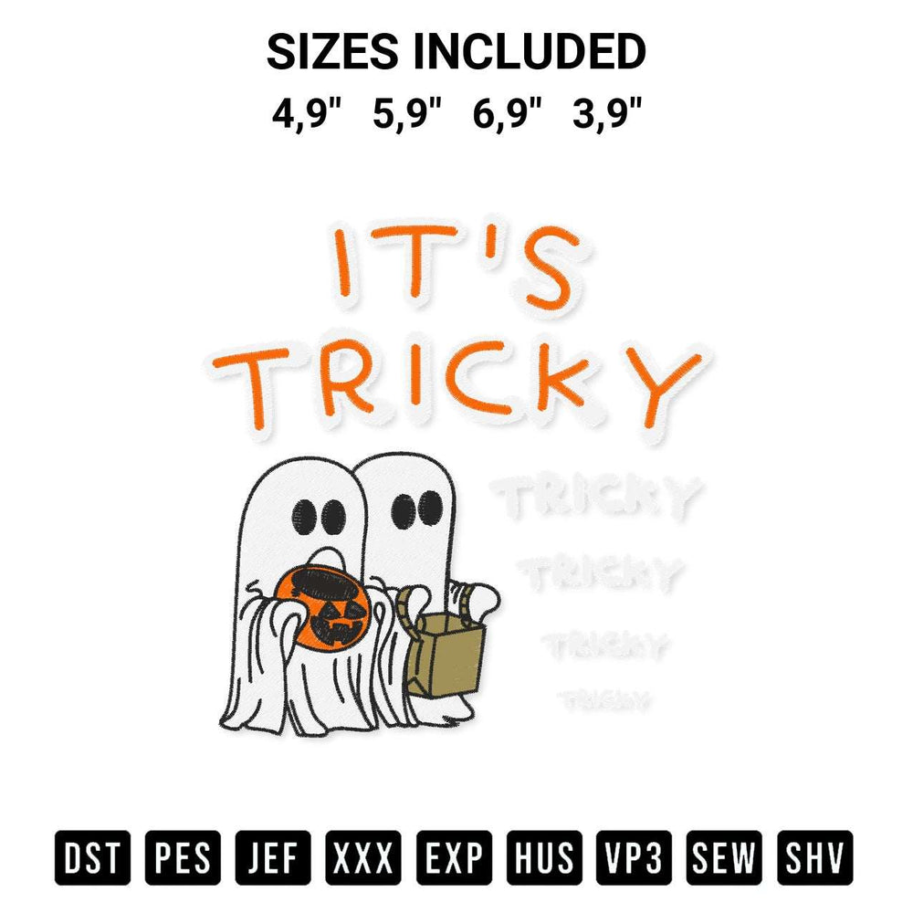 Add a unique touch to your apparel with the Its Tricky Tricky Tricky Halloween Ghost Spooky Season Gift Logo Embroidery Design embroidery file. Premium instant download available now on Designspacks.com. Available sizes: 4,9", 5,9", 6,9", 3,9".