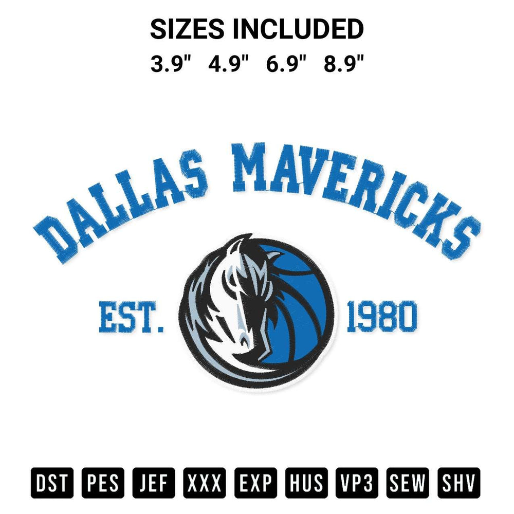 Download the Dallas Mavericks Est 1980 Embroidery Design machine embroidery design exclusively at Designspacks.com. Premium digitized pattern for apparel and DIY crafts. Available sizes: 3.9", 4.9", 6.9", 8.9".