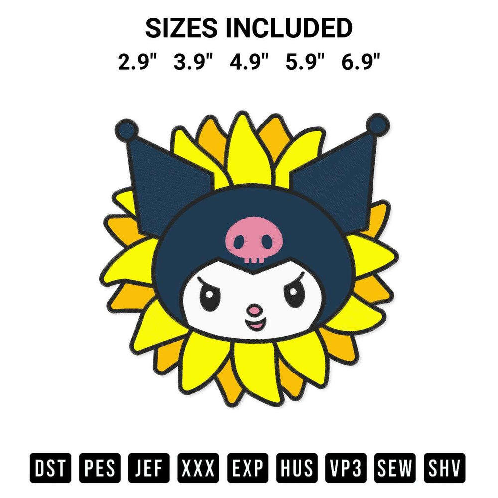 Stitch like a pro with the Kuromi Sunflower Embroidery Design embroidery pattern from Designspacks.com. High-quality digital machine embroidery file. Available sizes: 2.9", 3.9", 4.9", 5.9", 6.9".