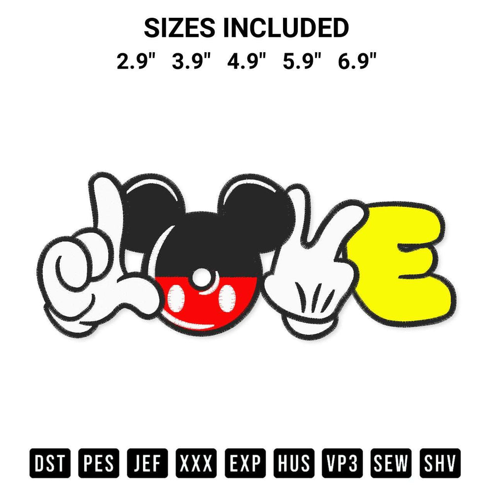 Get the Mickey Love Embroidery Design embroidery design for your custom crafts! Premium digitized files available for instant download at Designspacks.com. Available sizes: 2.9", 3.9", 4.9", 5.9", 6.9".