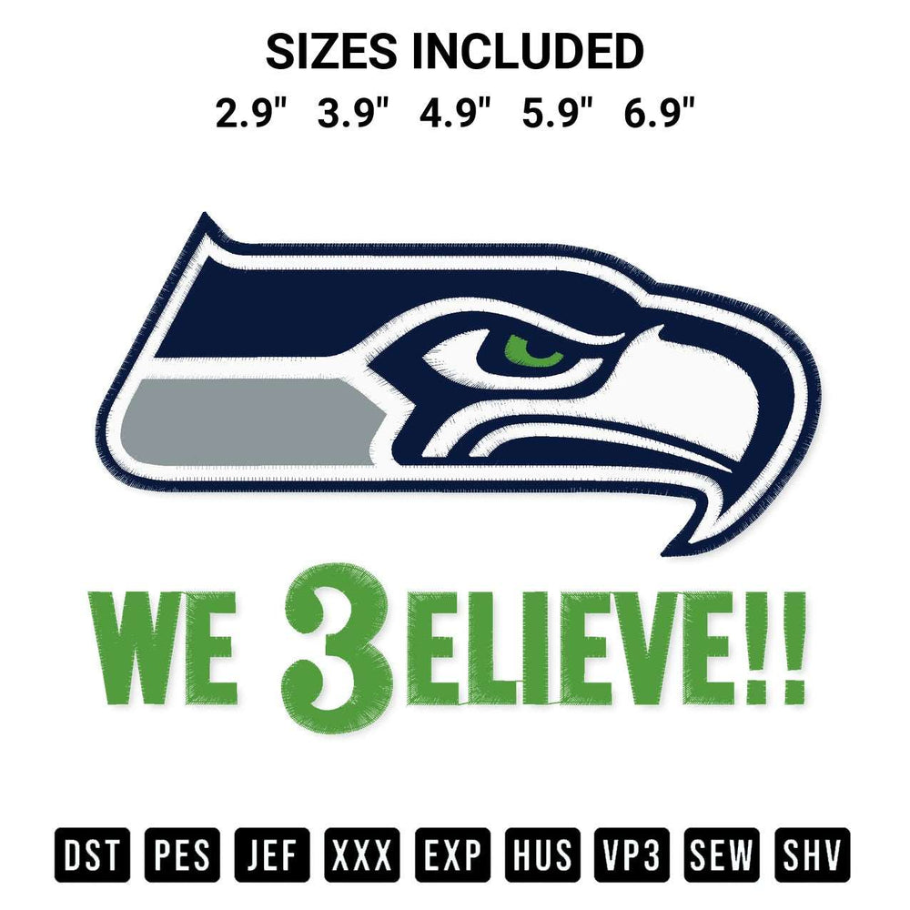 Create amazing crafts with the We 3Elieve Seahawks Embroidery Design embroidery file. High-quality digital download from Designspacks.com, perfect for beginners and pros. Available sizes: 2.9", 3.9", 4.9", 5.9", 6.9".