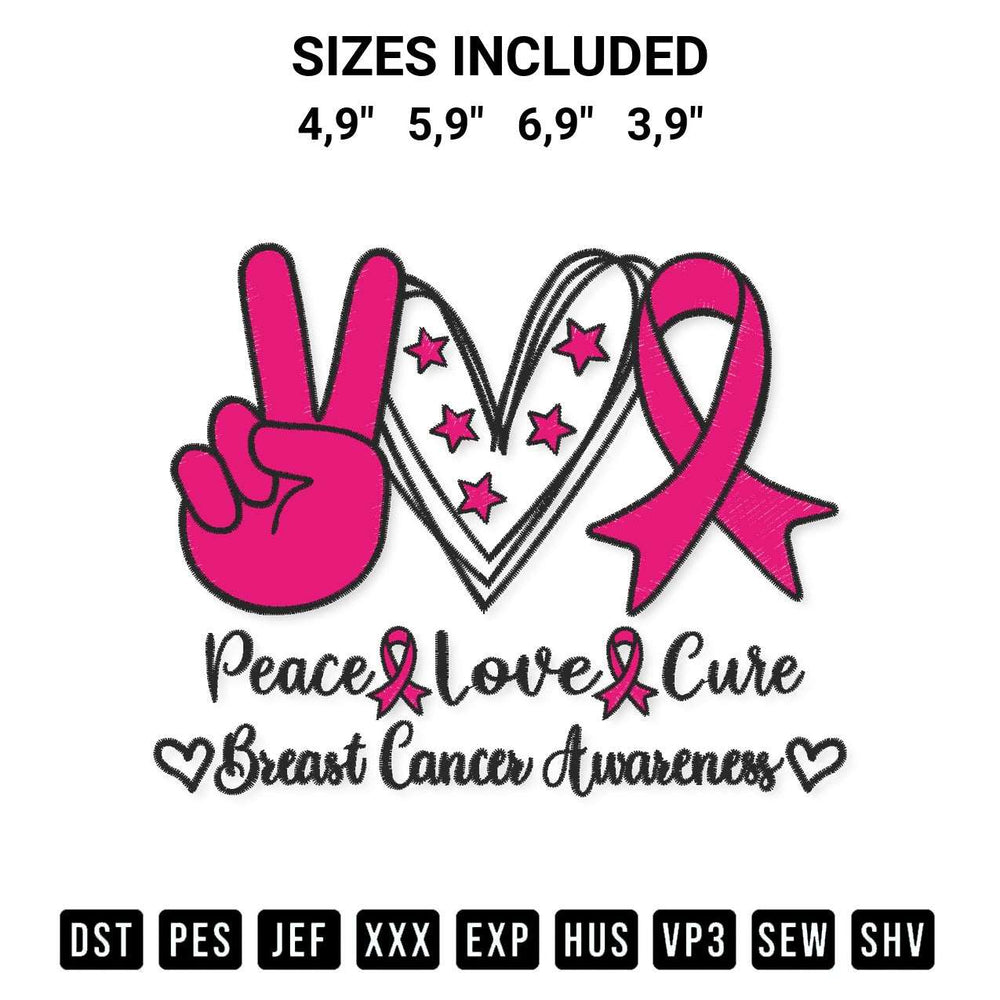 Transform your fabrics with the Peace Love Cure Pink Ribbon Heart Breast Cancer Awareness Logo Embroidery Design embroidery design. Instant access to premium digitized patterns at Designspacks.com. Available sizes: 4,9", 5,9", 6,9", 3,9".