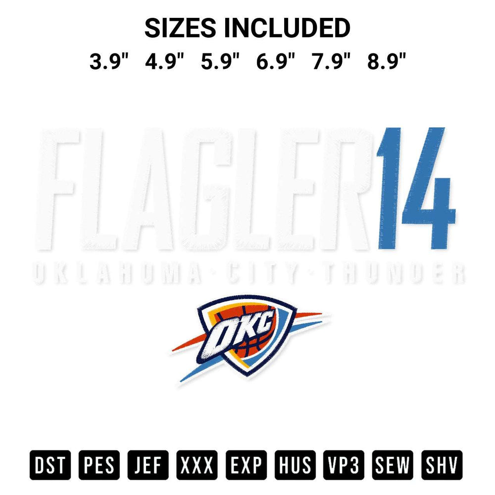 Add a unique touch to your apparel with the Adam Flagler 14 Oklahoma City Thunder Embroidery Design embroidery file. Premium instant download available now on Designspacks.com. Available sizes: 3.9", 4.9", 5.9", 6.9", 7.9", 8.9".