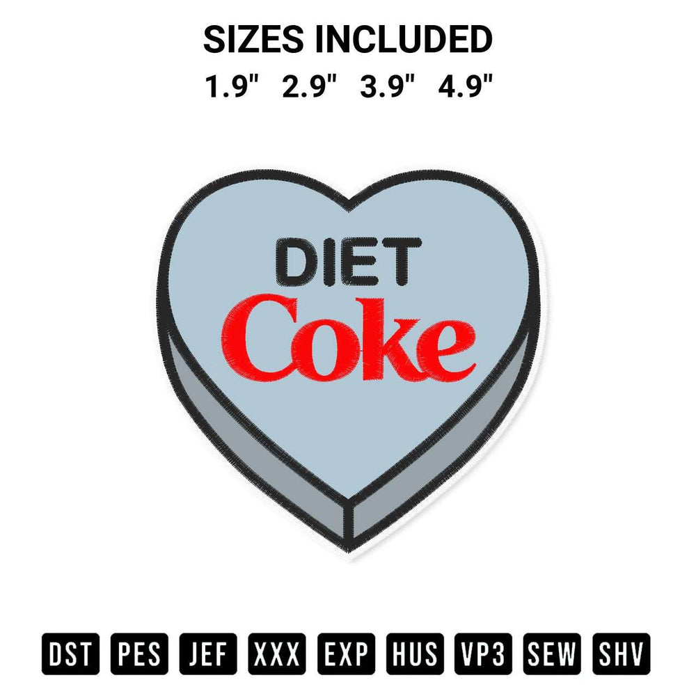 Shop the Diet Coke Candy Heart Embroidery Design machine embroidery pattern at Designspacks.com. Beautifully digitized for flawless stitching on any fabric. Available sizes: 1.9", 2.9", 3.9", 4.9".