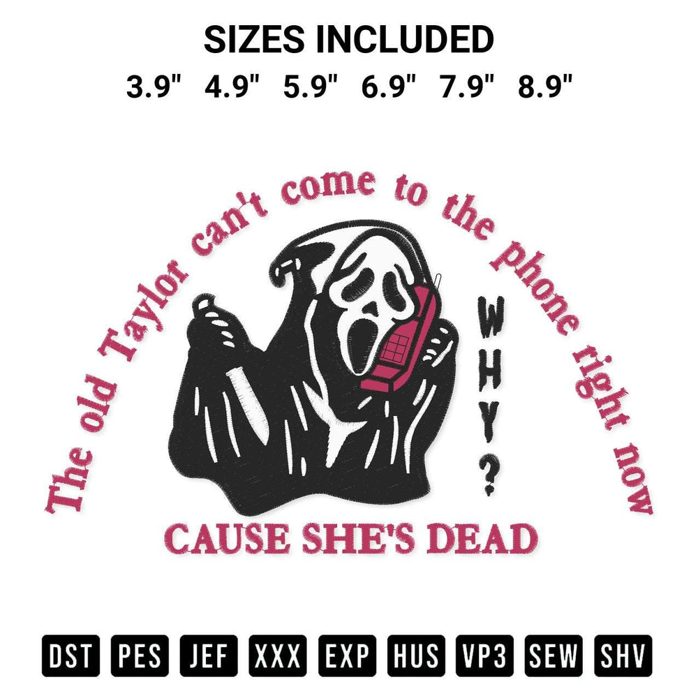 Add a unique touch to your apparel with the Taylor Swift Ghostface Halloween Embroidery Design embroidery file. Premium instant download available now on Designspacks.com. Available sizes: 3.9", 4.9", 5.9", 6.9", 7.9", 8.9".