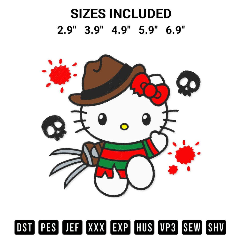 Create amazing crafts with the Hello Kitty Freddy Krueger Embroidery Design embroidery file. High-quality digital download from Designspacks.com, perfect for beginners and pros. Available sizes: 2.9", 3.9", 4.9", 5.9", 6.9".