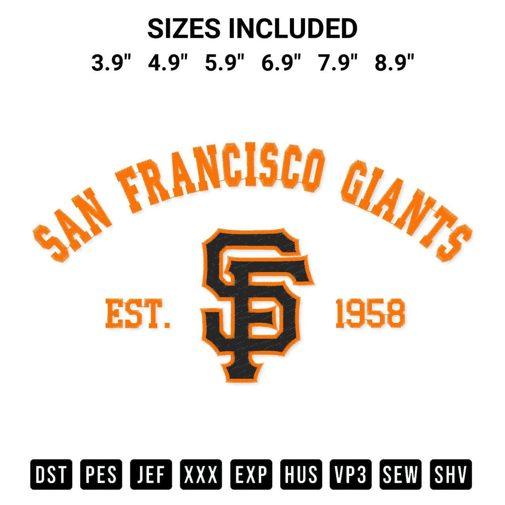 Elevate your next project with our San Francisco Giants Est 1958 Embroidery Design embroidery file. Shop high-quality digital patterns instantly at Designspacks.com. Available sizes: 3.9", 4.9", 5.9", 6.9", 7.9", 8.9".