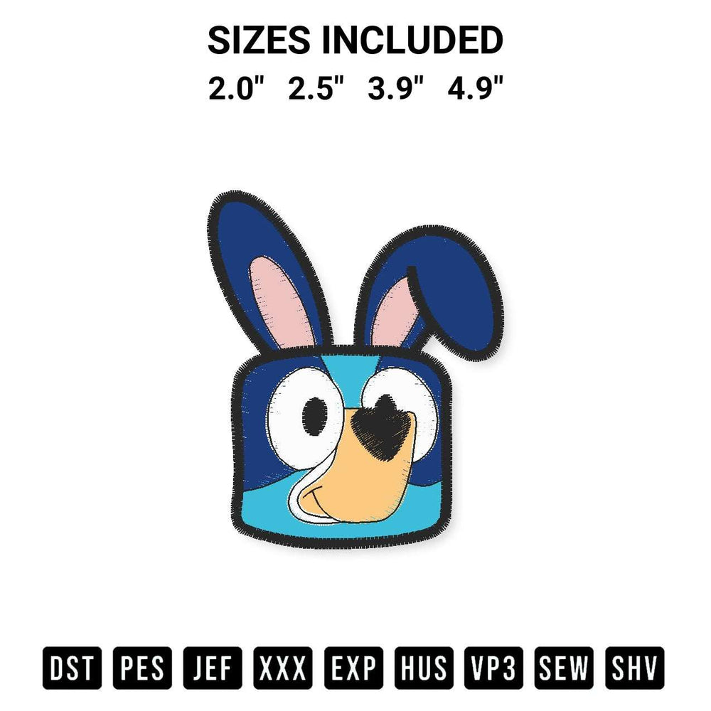 Add a unique touch to your apparel with the Bunny Bluey Heeler Face Embroidery Design embroidery file. Premium instant download available now on Designspacks.com. Available sizes: 2.0", 2.5", 3.9", 4.9".
