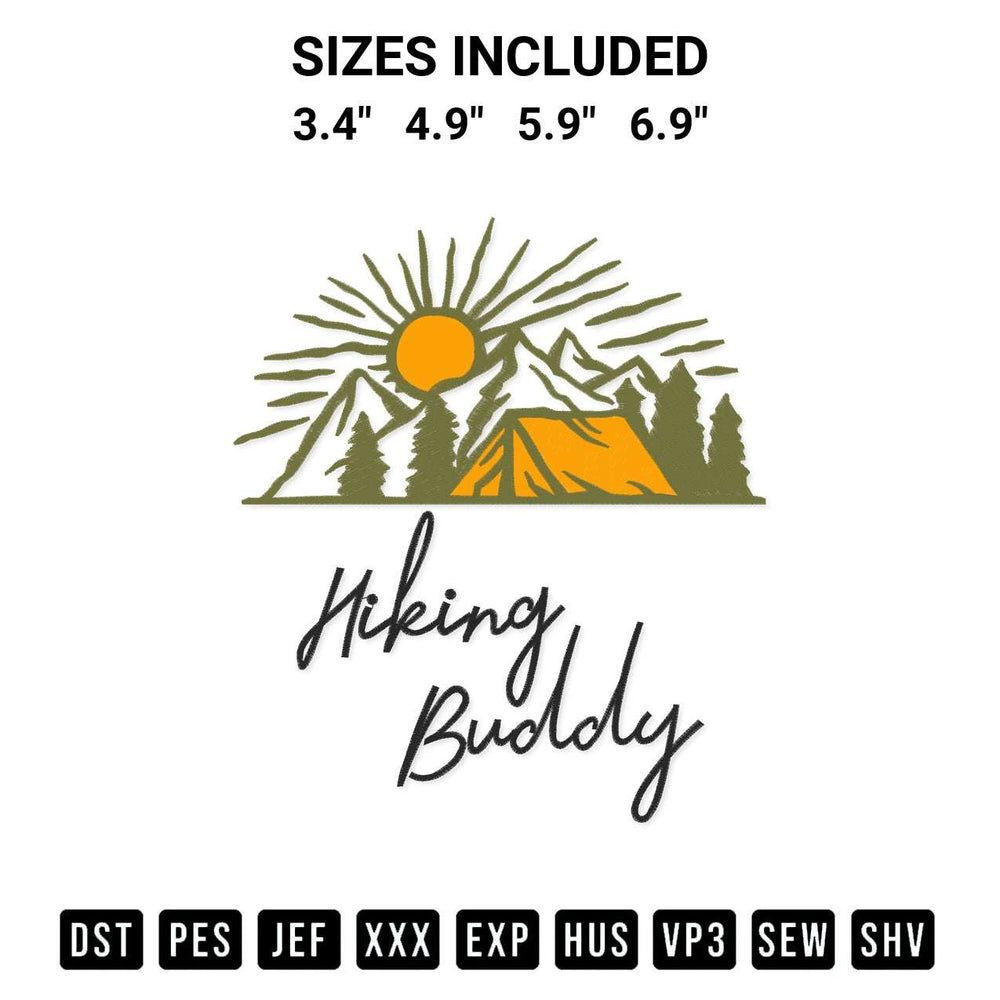Transform your fabrics with the Hiking Buddy Embroidery Design embroidery design. Instant access to premium digitized patterns at Designspacks.com. Available sizes: 3.4", 4.9", 5.9", 6.9".