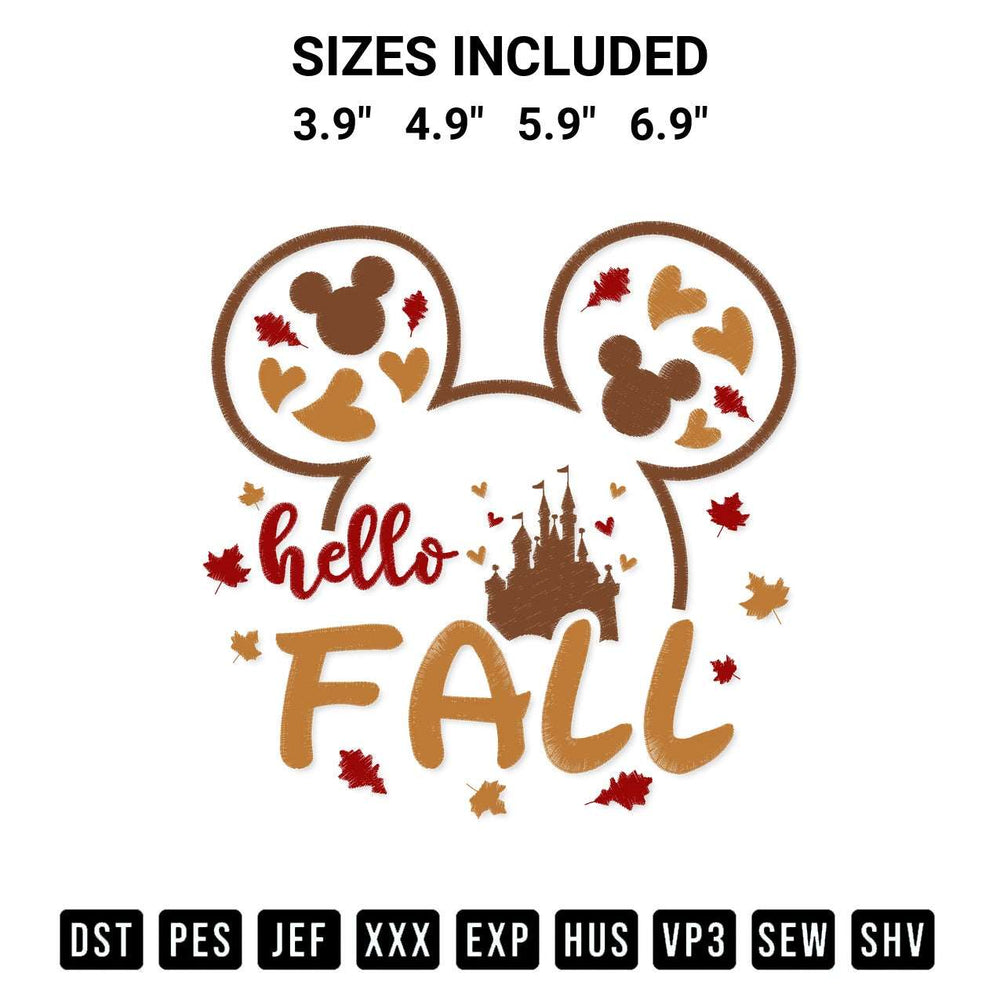 Stitch like a pro with the Mouse Ears Hello Fall Embroidery Design embroidery pattern from Designspacks.com. High-quality digital machine embroidery file. Available sizes: 3.9", 4.9", 5.9", 6.9".