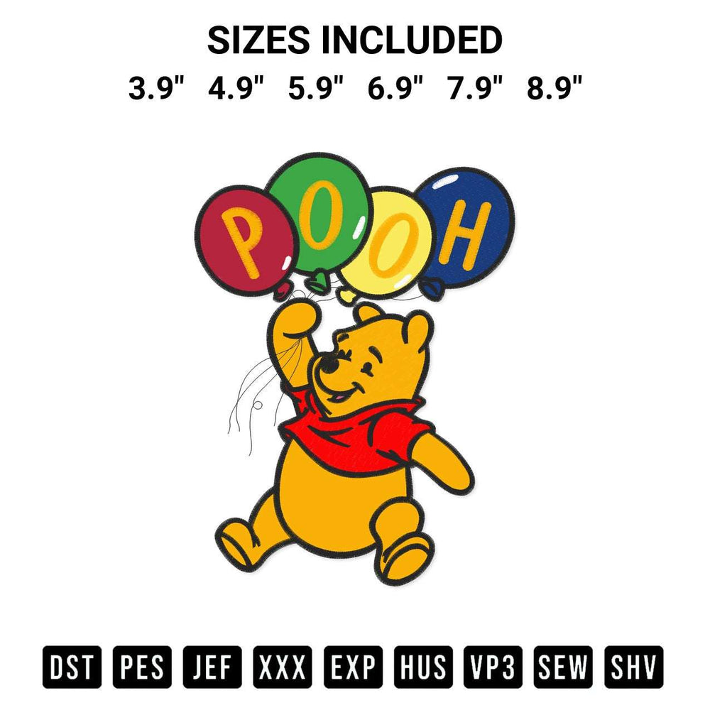 Get the Pooh Holding Balloons Embroidery Design embroidery design for your custom crafts! Premium digitized files available for instant download at Designspacks.com. Available sizes: 3.9", 4.9", 5.9", 6.9", 7.9", 8.9".