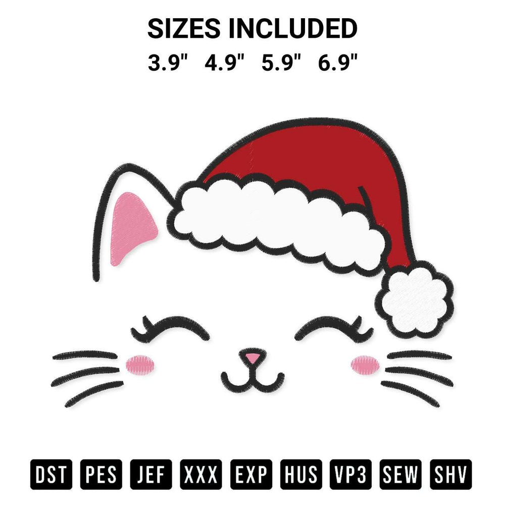 Get the Cute Cat Face With Santa Hat Embroidery Design embroidery design for your custom crafts! Premium digitized files available for instant download at Designspacks.com. Available sizes: 3.9", 4.9", 5.9", 6.9".