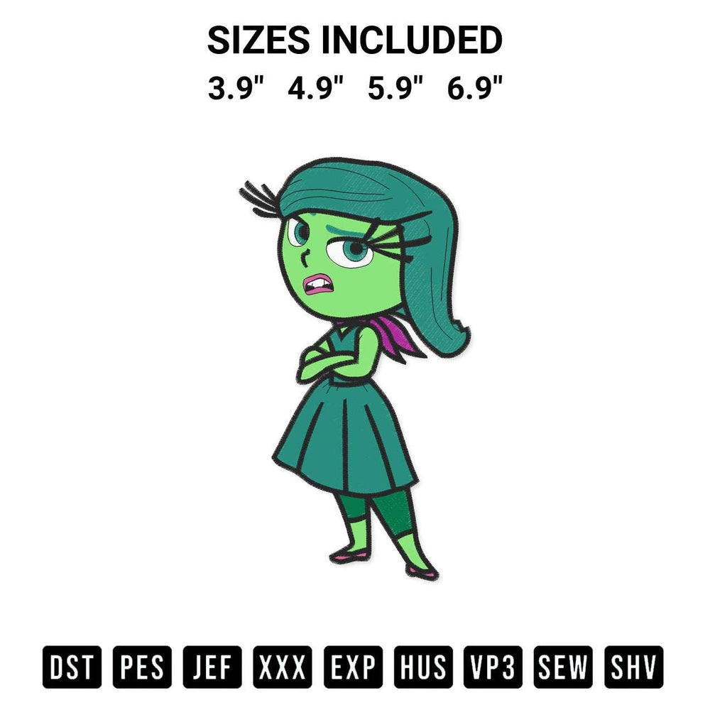 Add a unique touch to your apparel with the Disgust Inside Out 2 Embroidery Design embroidery file. Premium instant download available now on Designspacks.com. Available sizes: 3.9", 4.9", 5.9", 6.9".
