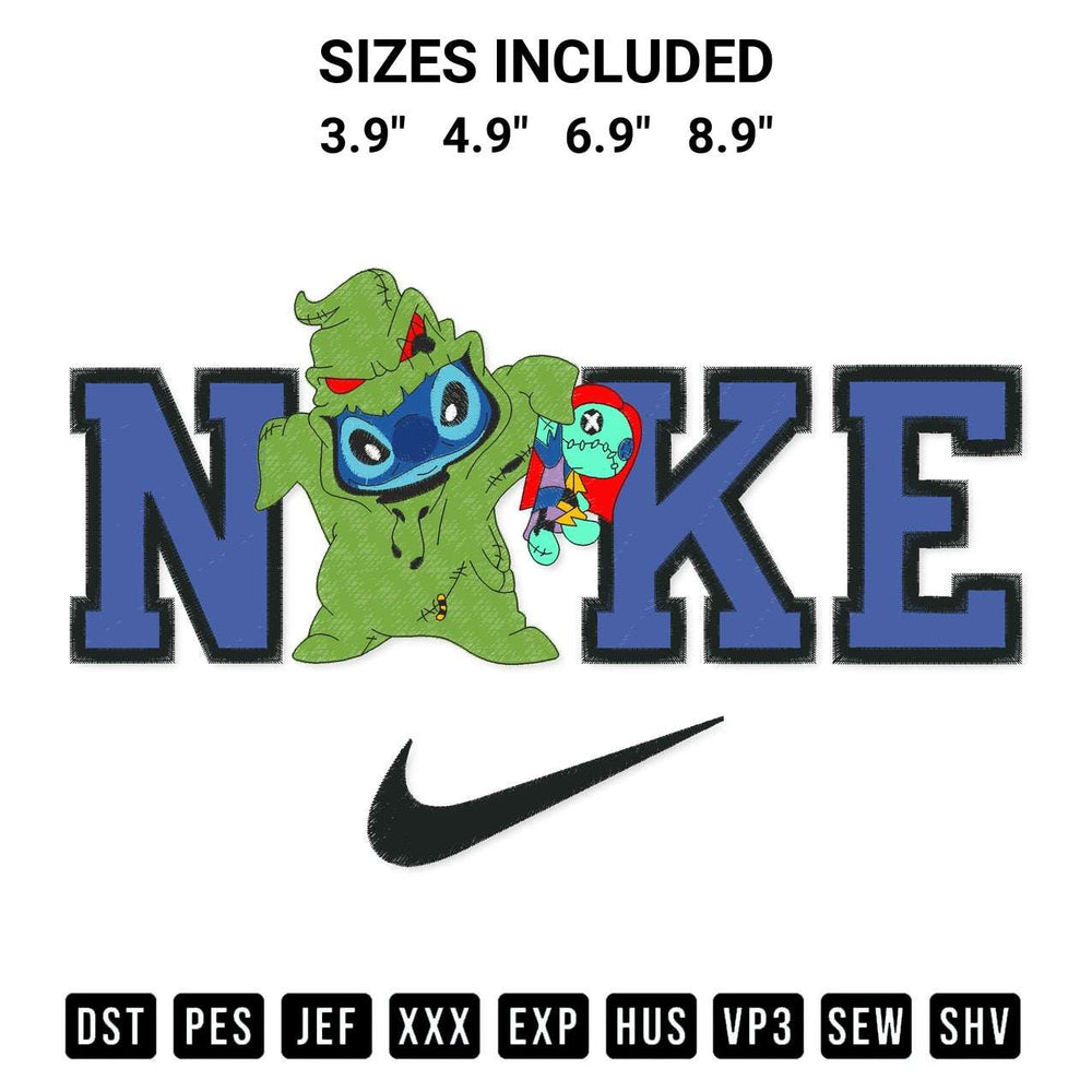 Get the Nike Stitch Oogie Boogie Take Sally Embroidery Design embroidery design for your custom crafts! Premium digitized files available for instant download at Designspacks.com. Available sizes: 3.9", 4.9", 6.9", 8.9".