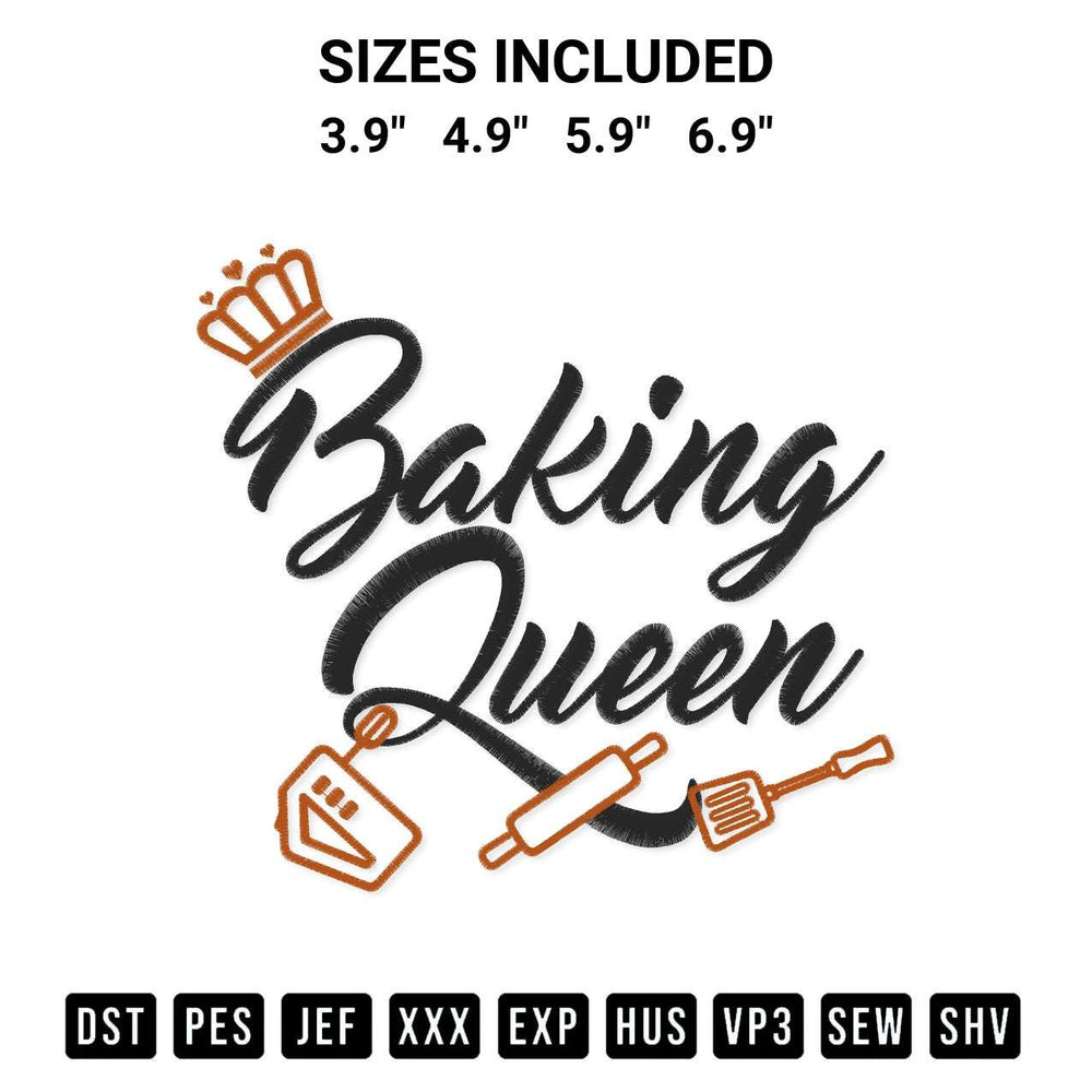 Discover the perfect addition to your crafting collection: Baking Queen Embroidery Design embroidery file. Instantly available at Designspacks.com. Available sizes: 3.9", 4.9", 5.9", 6.9".
