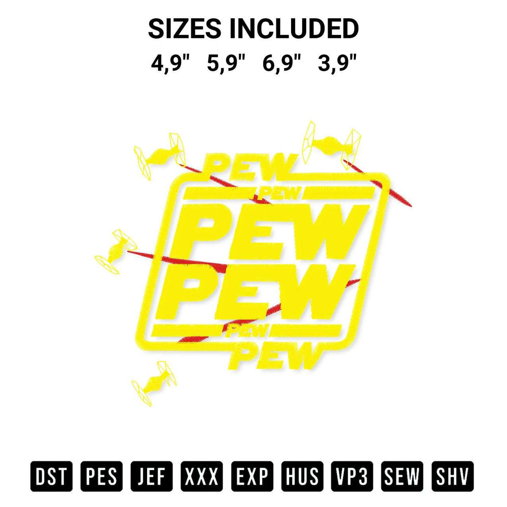 Add a unique touch to your apparel with the Pew Pew Star Wars Logo Embroidery Design embroidery file. Premium instant download available now on Designspacks.com. Available sizes: 4,9", 5,9", 6,9", 3,9".