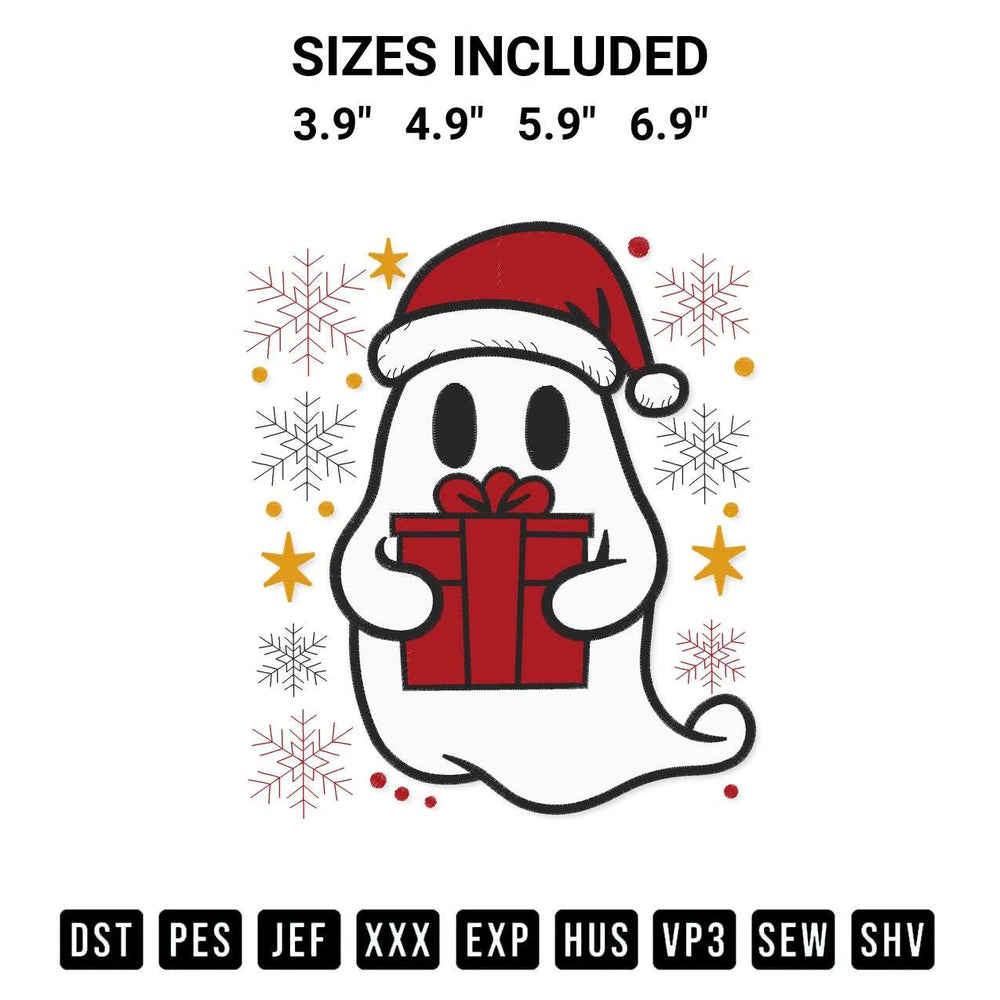 Create amazing crafts with the Ghost Holding Gift Box Embroidery Design embroidery file. High-quality digital download from Designspacks.com, perfect for beginners and pros. Available sizes: 3.9", 4.9", 5.9", 6.9".